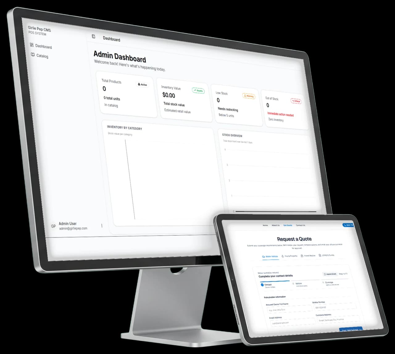 An admin dashboard on a monitor and a quote form on a tablet